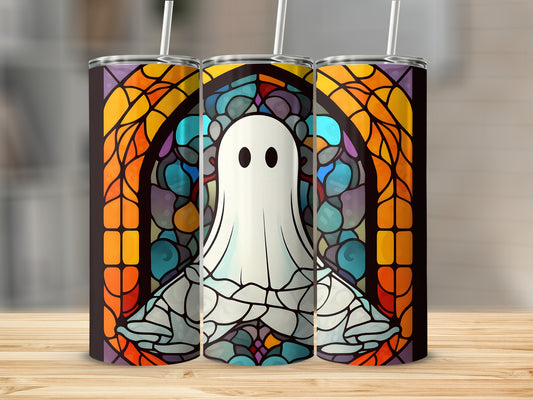Ghost stained glass pattern on a set of three tumblers.