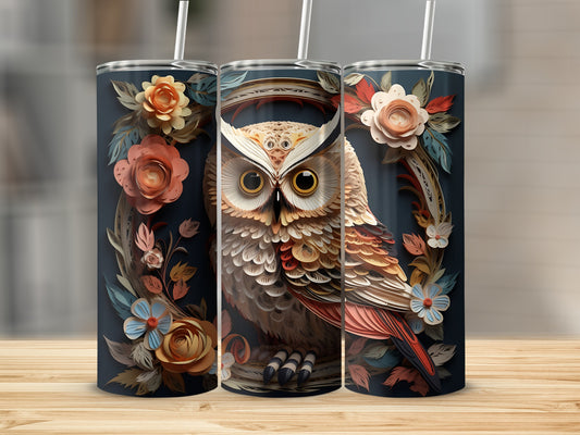Owl design on a triptych of dark tumblers with floral accents and straws.