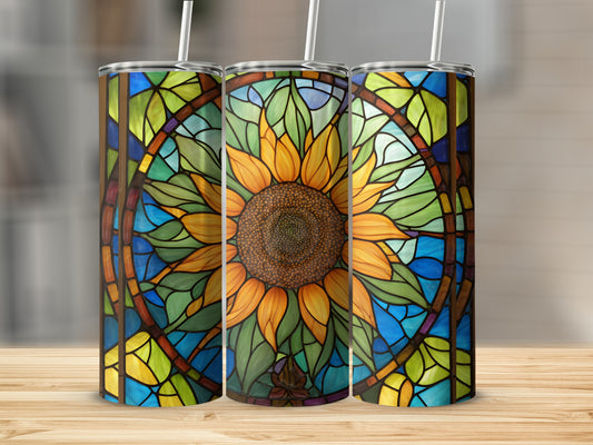 Sunflower stained glass design on three tumblers.