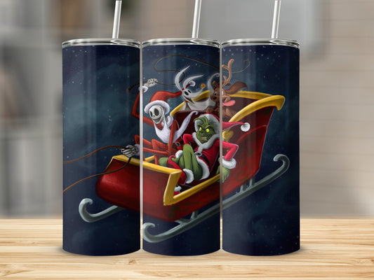 Jack Skellington and the Grinch ride a sleigh with reindeer against a starry night.