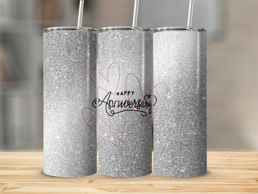 Silver glitter tumbler with "Happy Anniversary" text and pink hearts.