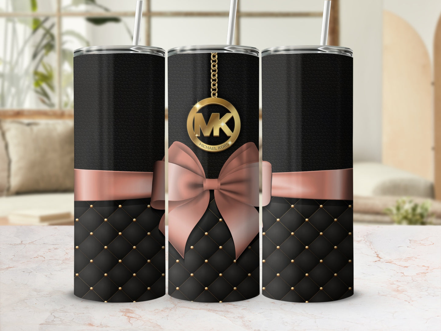 Elegant Black and Pink Tumbler with Bow and Gold Chain