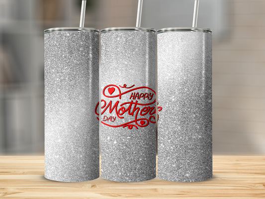 Glittery tumbler with "Happy Mother's Day" text.