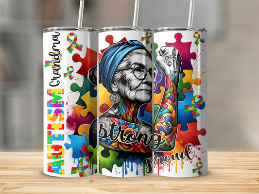 Grandma strong and proud tumbler with autism awareness puzzle pieces.