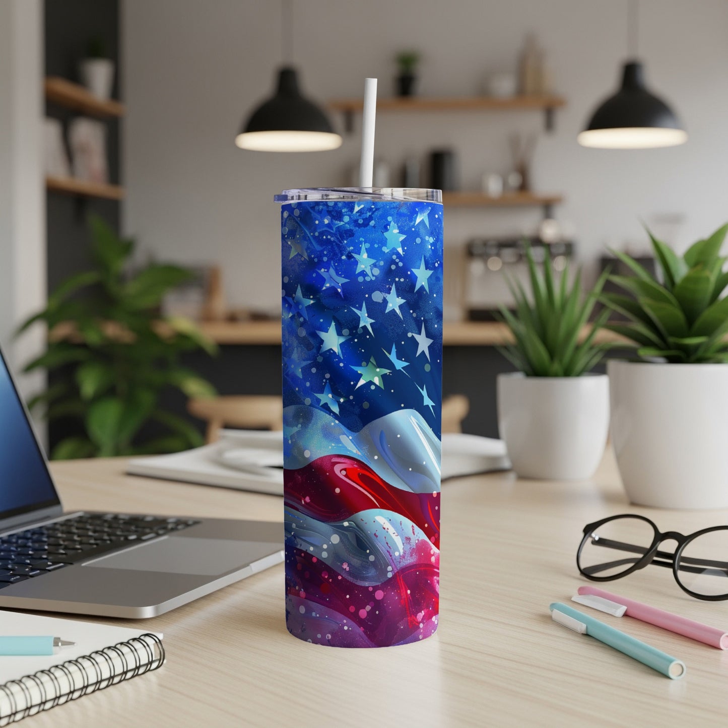 American flag tumbler with stars and stripes design.