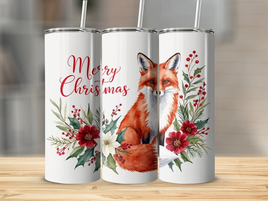 White tumbler with fox, poinsettias, and "Merry Christmas" text.