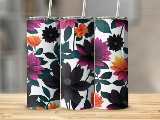 Three tumblers with a dark floral pattern on a wooden surface.