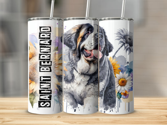 Saint Bernard dog with sunflowers and floral watercolor accents on three tumblers.