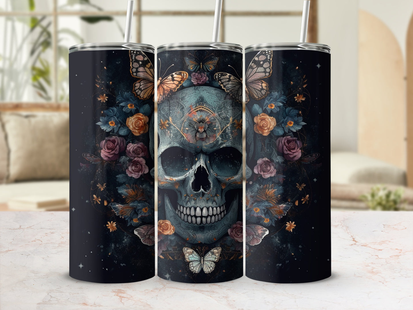 Skull with Butterflies and Flowers Tumbler