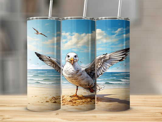 Seagull with wings spread on a beach, ocean and sky in background.