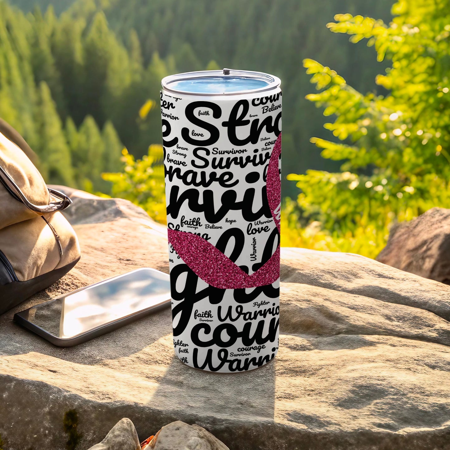 Tumbler with inspirational words like "faith," "survivor," and "courage."