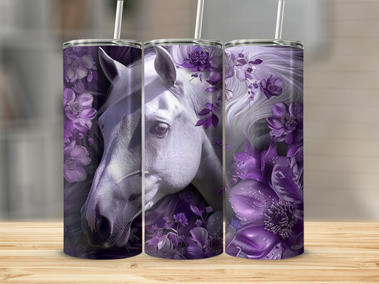 White horse head with purple flowers on a tumbler.