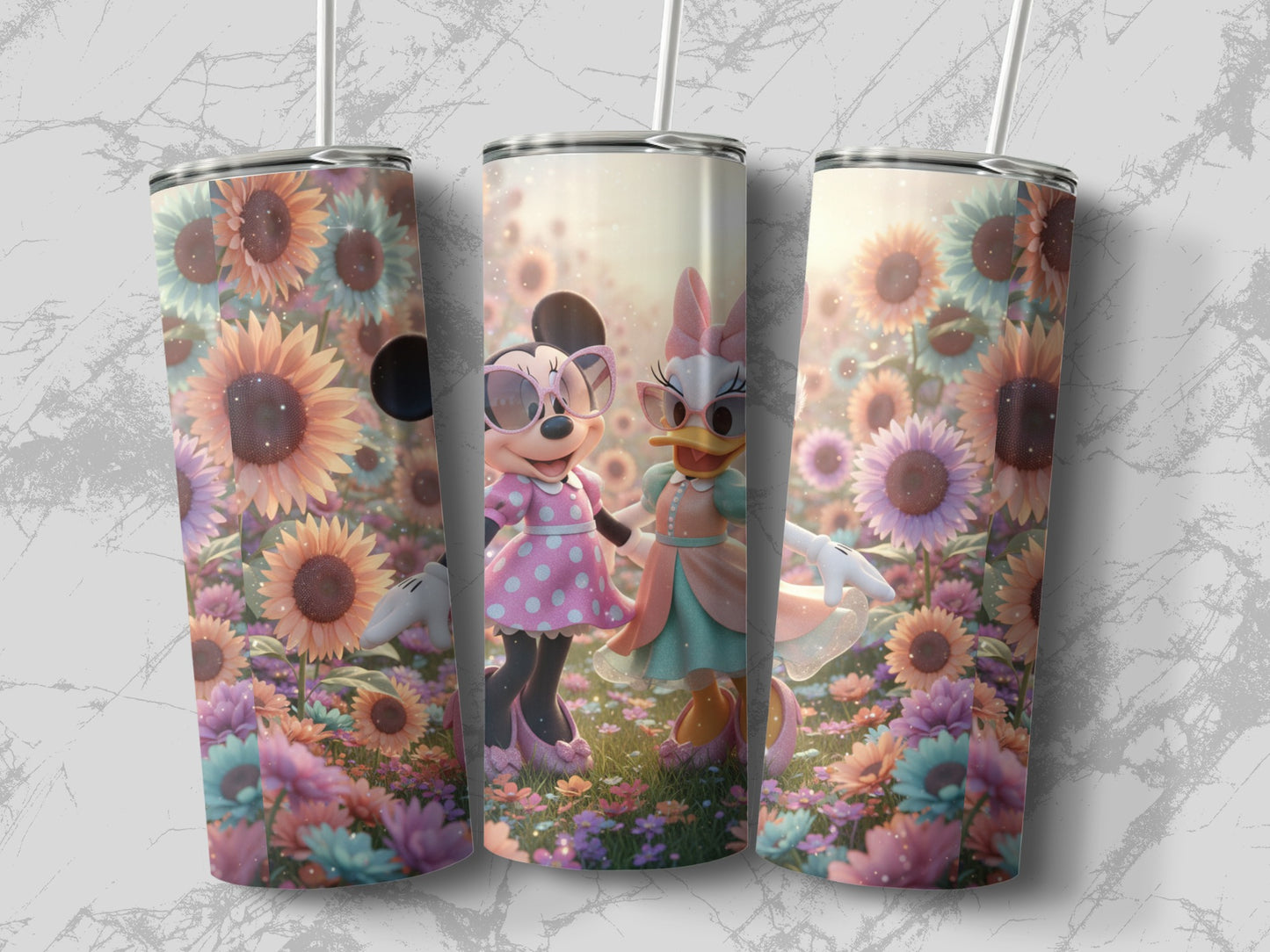 Cute Minnie and Daisy in Sunflowers Tumbler Design