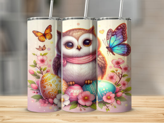 Owl wearing pink scarf with Easter eggs and butterflies, spring scene.
