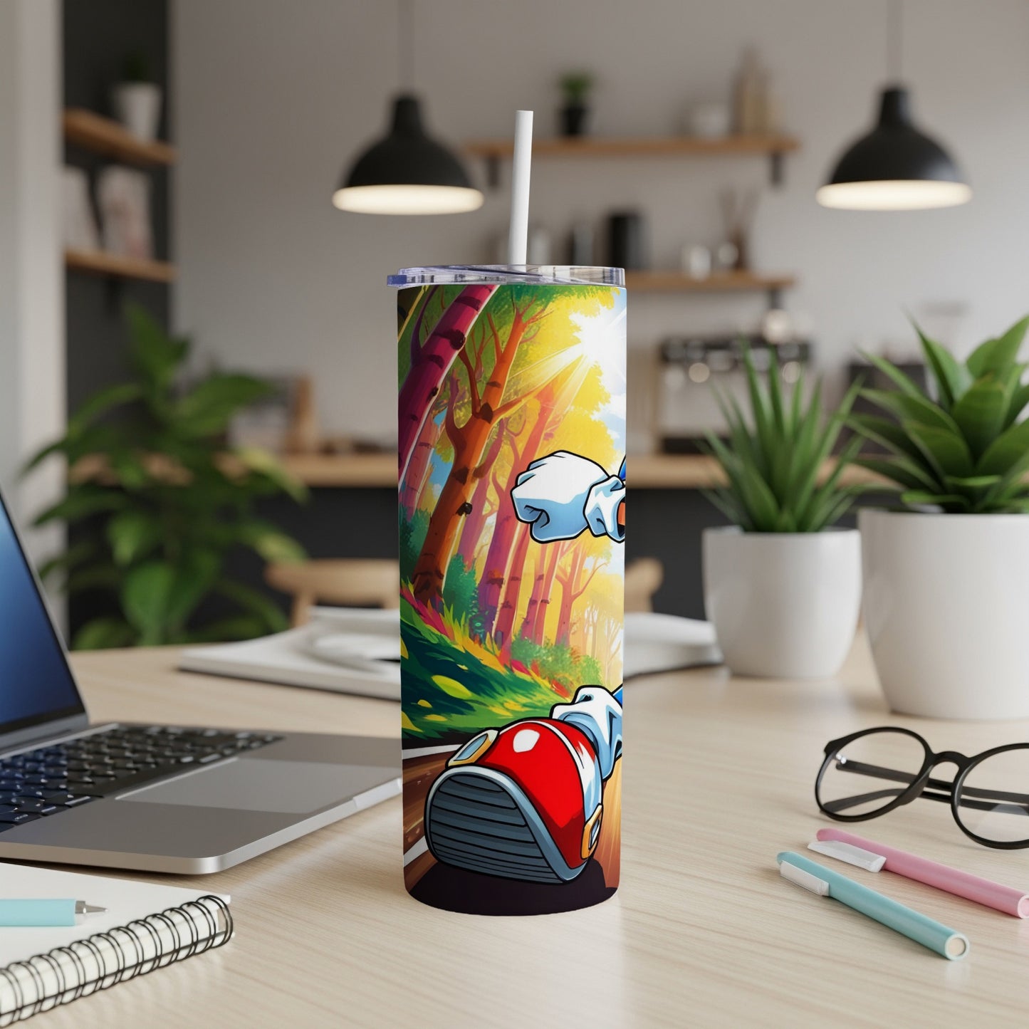 Sonic the Hedgehog character running on a colorful road, on a tumbler.