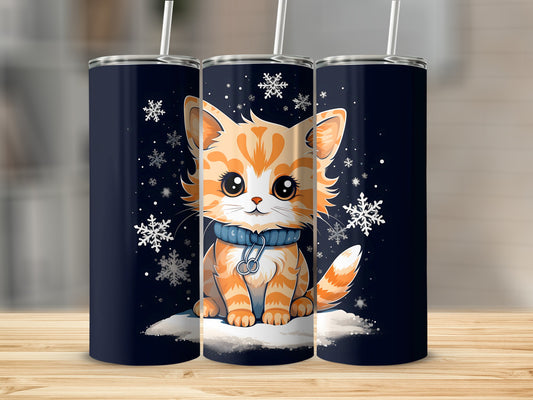 Cute cartoon cat wearing a blue collar, on a white cloud, surrounded by snowflakes.