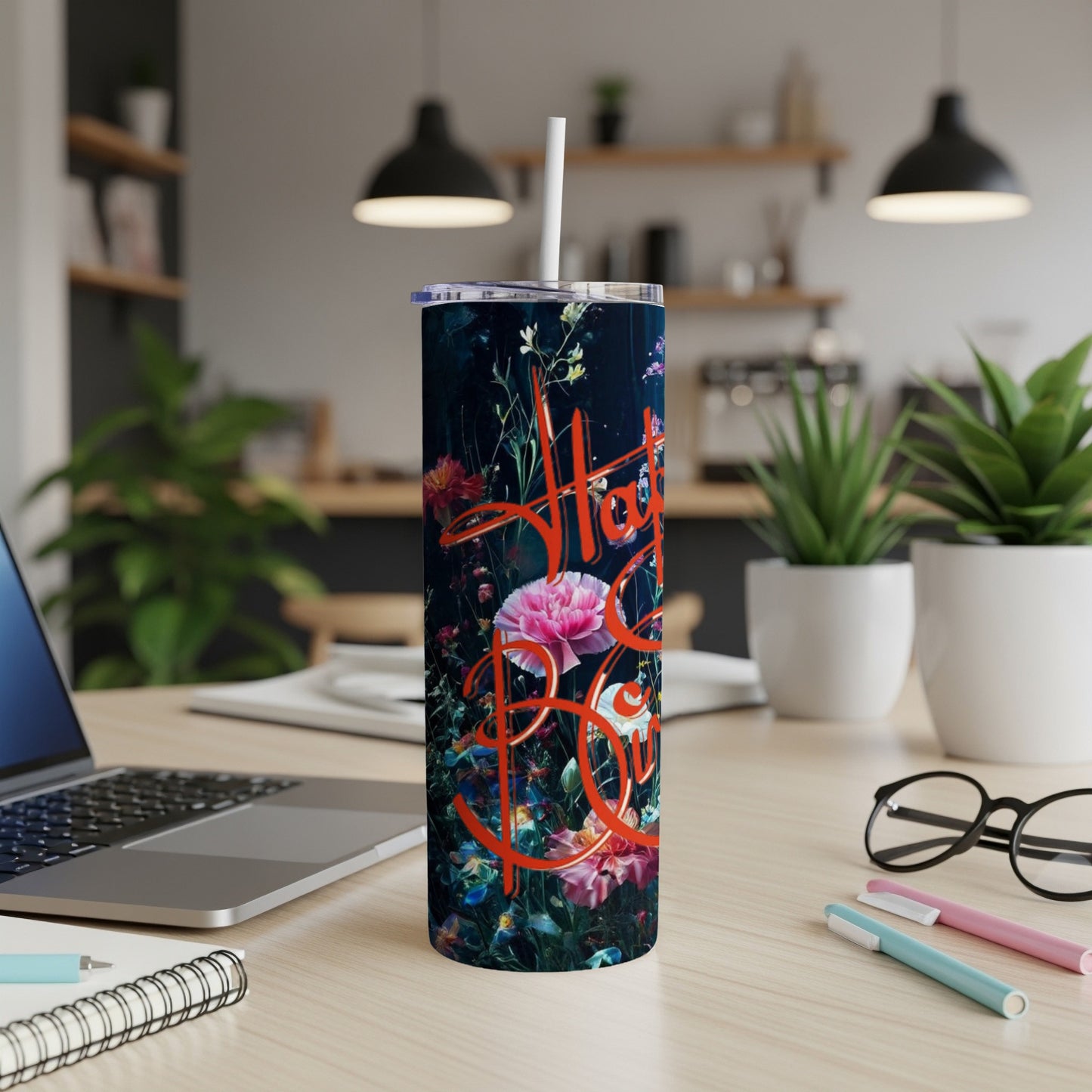 Tumbler with "Hot Mess" text and floral design.