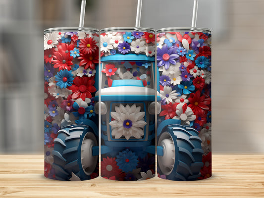 Tractor with patriotic floral design on a tumbler.