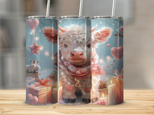 Fluffy calf in scarf on Valentine's themed tumbler designs.