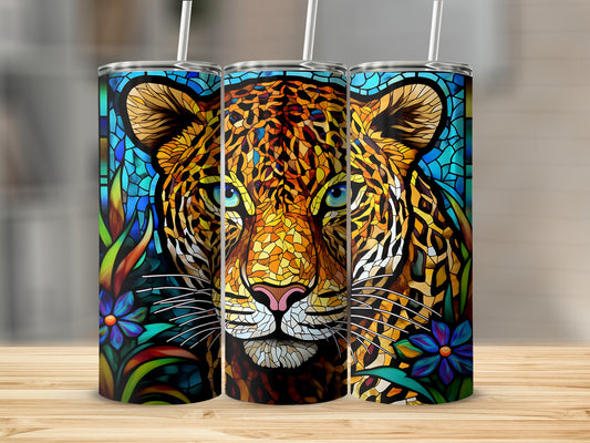 Triptych of tumblers featuring a stained-glass leopard mosaic with blue and purple flowers.