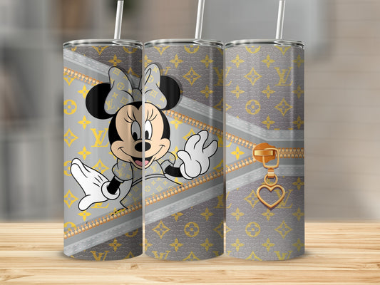 Minnie Mouse on a gray tumbler with repeating pattern and gold zipper detail.