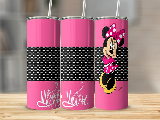 Pink tumbler with Minnie Mouse character and polka dot pattern.