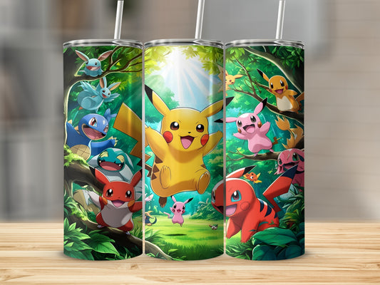 Pokemon characters including Pikachu and Squirtle surrounded by foliage.