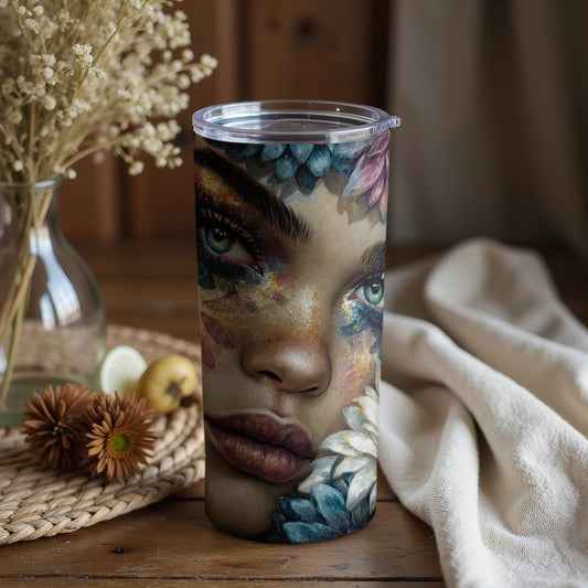 Artistic Face Tumbler Cup with Floral Accents