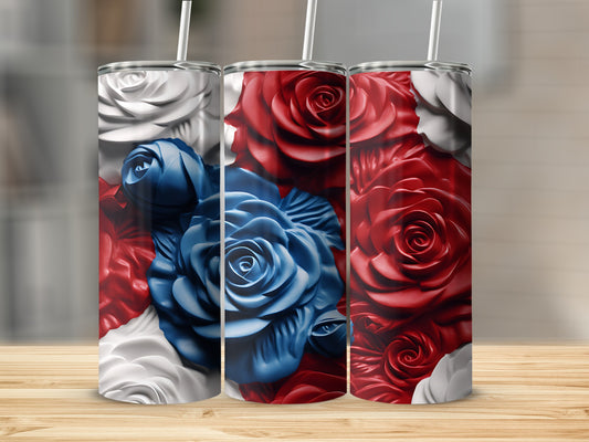 Three tumblers featuring sculpted red, white, and blue roses.