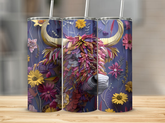 Tumbler with a colorful, floral Highland cow design.