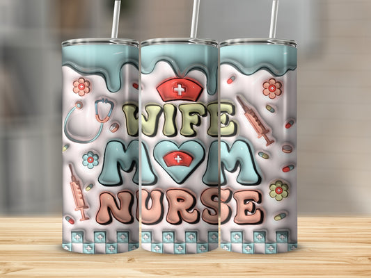 Wife Mom Nurse tumbler with medical icons and pastel colors.