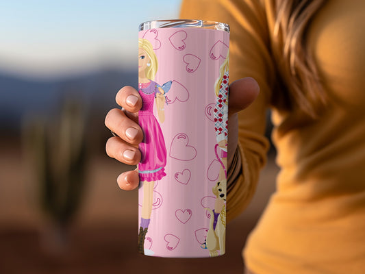 Pink Tumbler with Hearts and Doll Design Drinkware