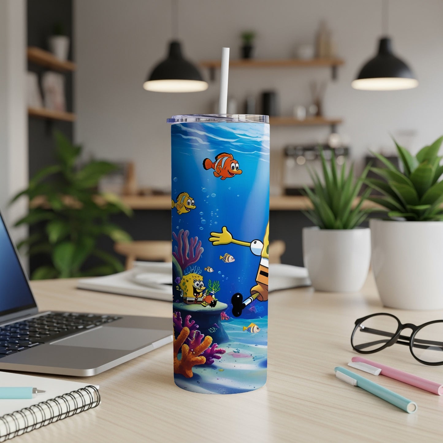 SpongeBob SquarePants characters in an underwater scene on a stainless steel tumbler.