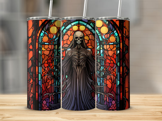 Grim reaper with outstretched arms in stained glass window design tumbler.