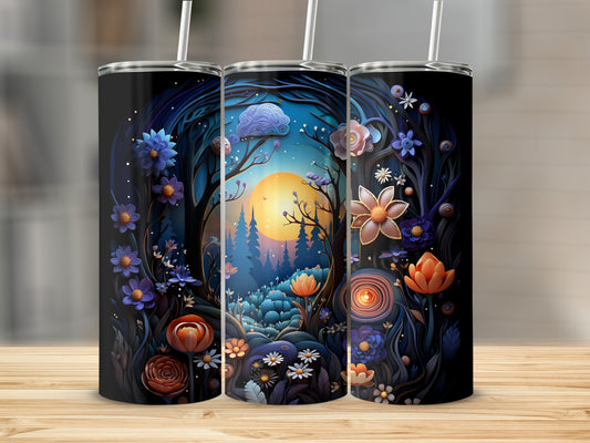 Three tumblers with a dark fantasy forest scene and moon.