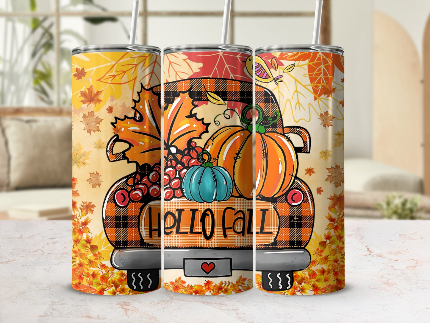 Hello Fall Leaf and Pumpkin Seasonal Tumbler
