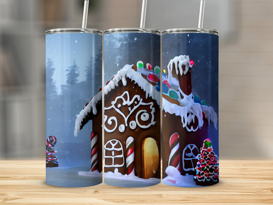 Gingerbread house tumbler with snowy forest background and candy cane decorations.