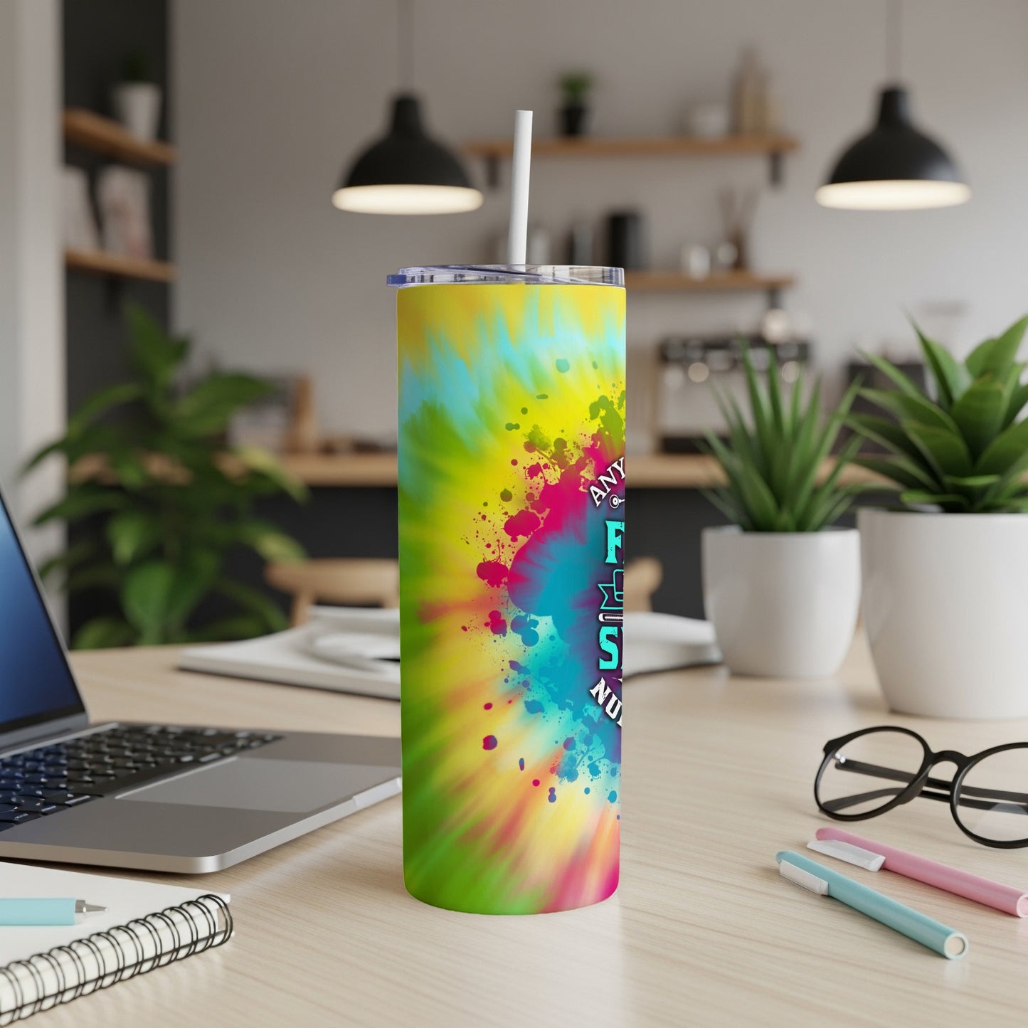 Tie-dye tumbler with "Anything is possible for a nurse" text.