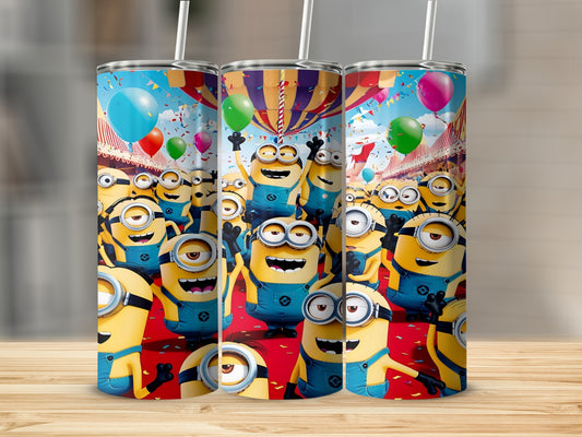Minions celebrating in a parade with balloons and streamers.