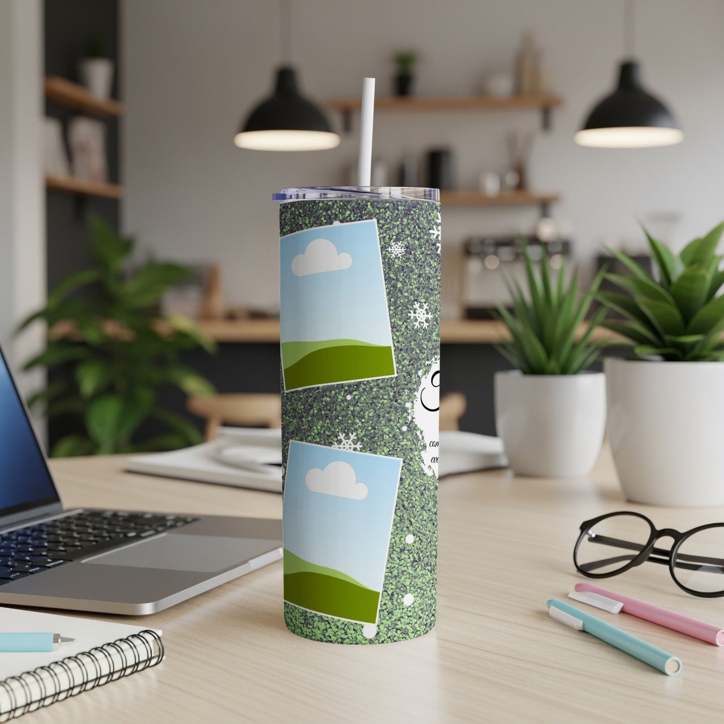 Green speckled tumbler with two photo placeholders and winter-themed graphics.