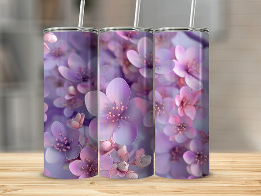 Three tumblers adorned with delicate purple and pink cherry blossoms.