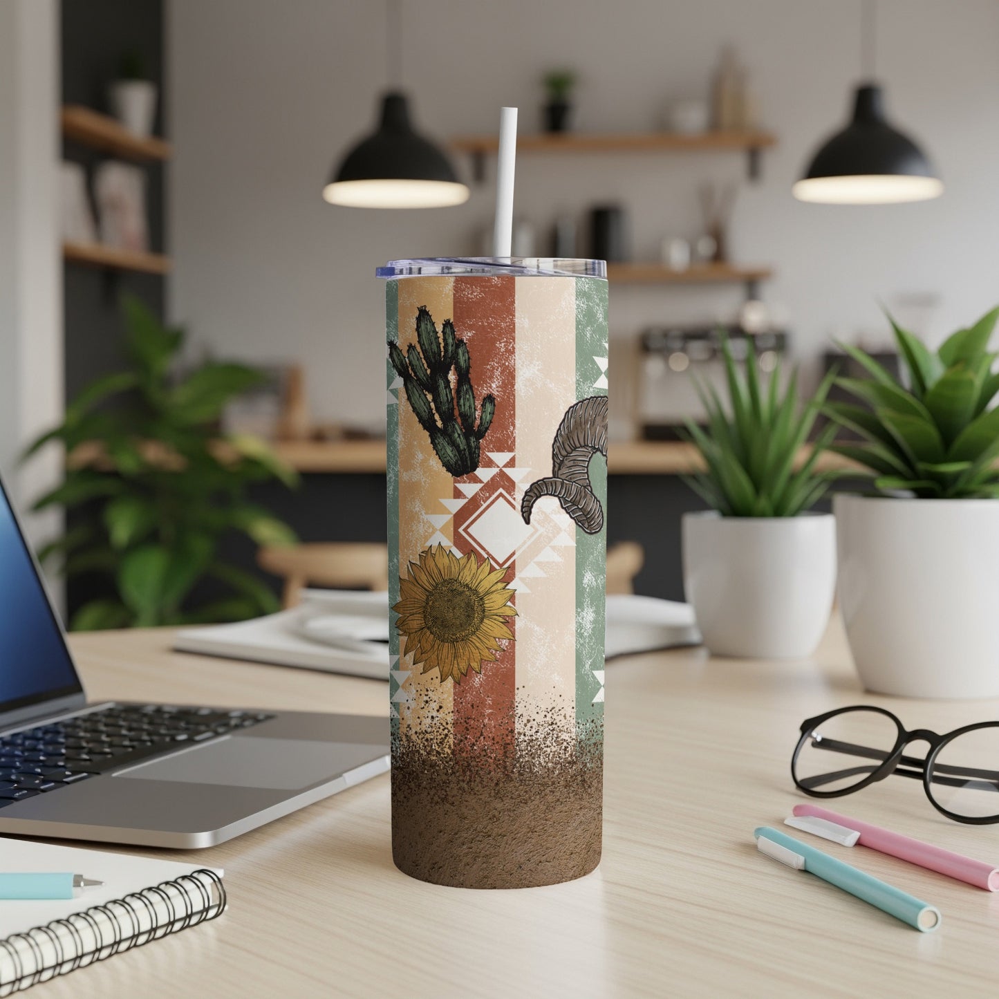 Tall tumbler with a Southwestern-inspired pattern, featuring cacti and sunflowers.