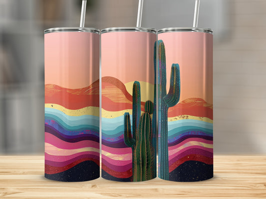 Three desert tumblers with cactus and colorful desert landscape.