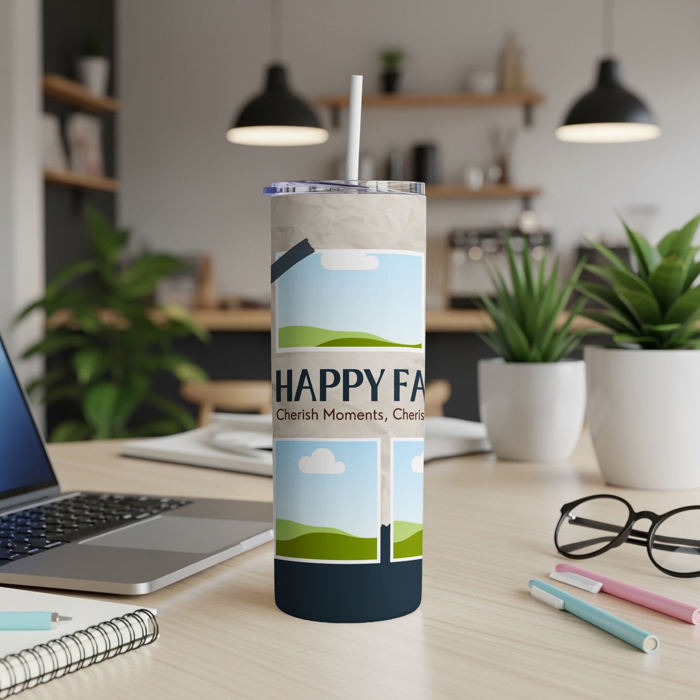 "Happy Family" tumbler with photo frames and scenic landscape designs.