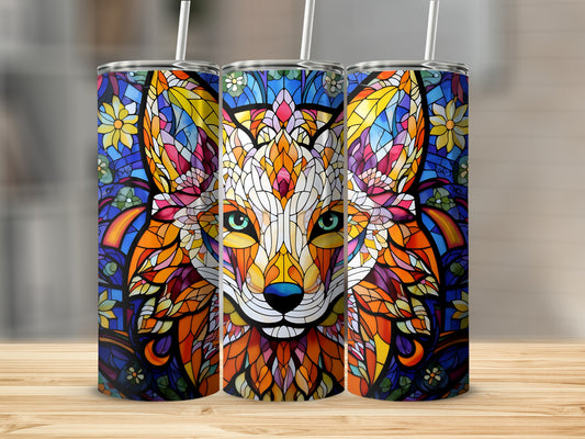 Stained glass fox design on three tumblers with straws.