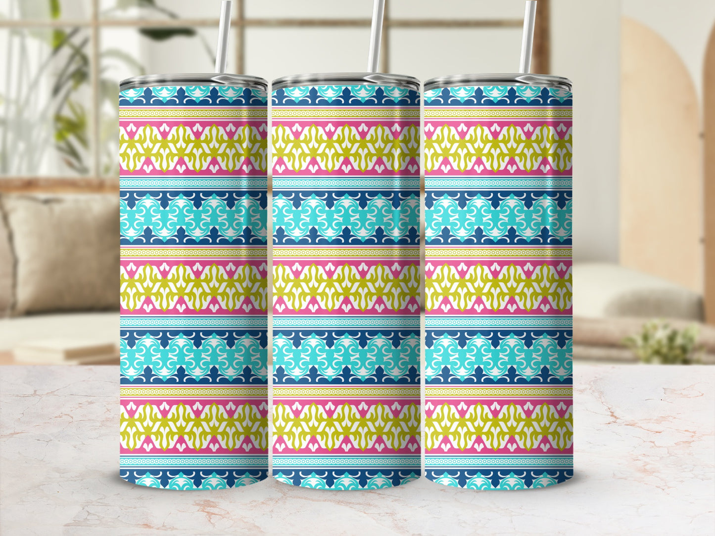 Colorful Striped Pattern Tumbler with Floral Design