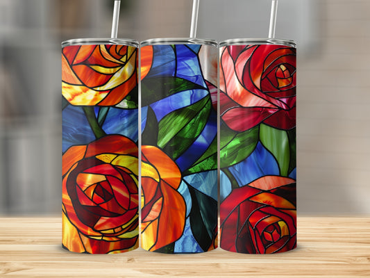 Three tumblers featuring stained glass rose designs in red and orange.