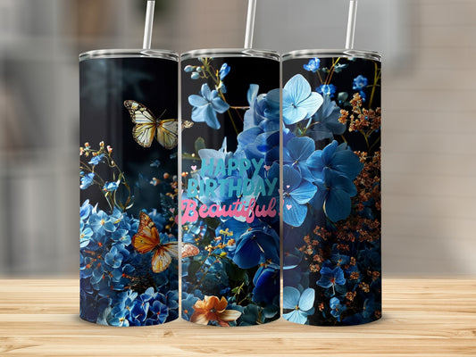 Happy Birthday Beautiful floral tumbler with butterflies and blue flowers.
