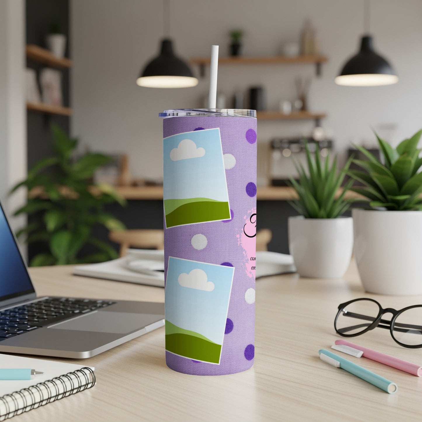 Purple tumbler with polka dots, two photo frames, and a pink heart graphic.