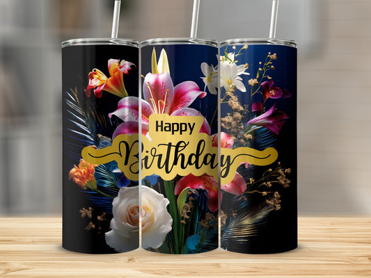 Three tumblers with a floral design and "Happy Birthday" text.